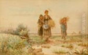 Harvest Scene With Female Farm Hands Carrying Sheaves Of Corn by Jozef Israels