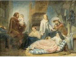 Interieurszene Mit 
Siebenkopfiger Familie, Der Vater,sich Von Seinem Weinenden Kind 
Verabschiedend