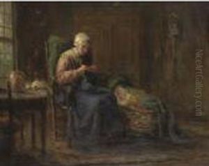 Mother Knitting With Baby By Her Side by Jozef Israels