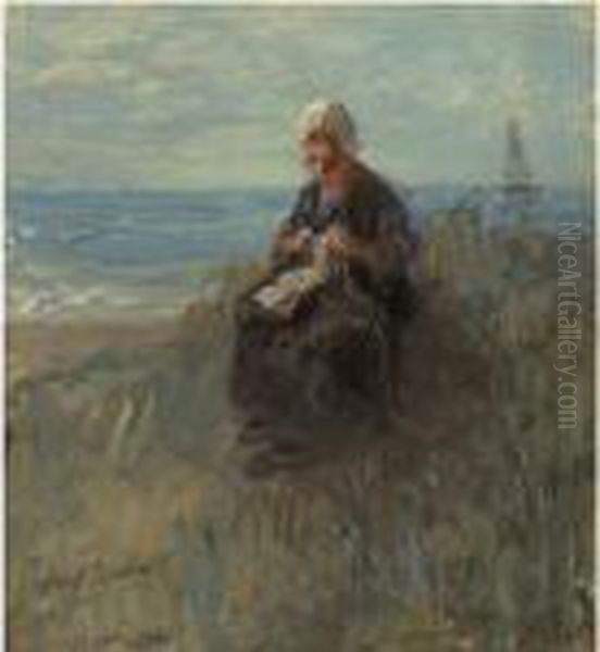 Woman Knitting By The Shore - view 1