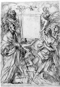 Saints surrounding the empty frame of an early icon Design for an altarpiece by Antonio Molinari