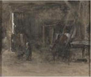 Young Child With A Cat In A Barn by Jozef Israels