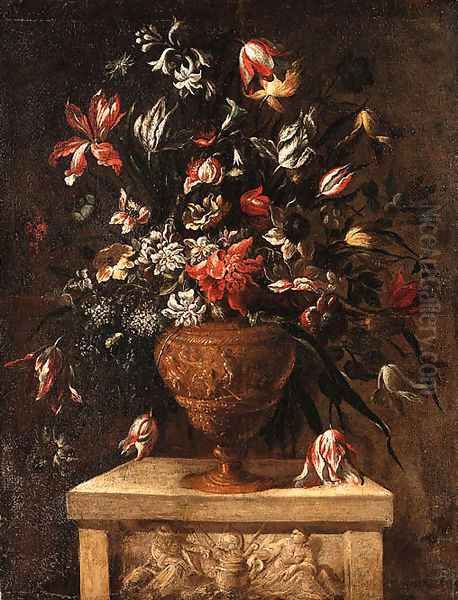 Flowers in a sculpted Vase on a stone Plinth - view 1