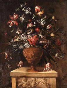 Flowers in a sculpted Vase on a stone Plinth by Dei Fiori (Nuzzi) Mari