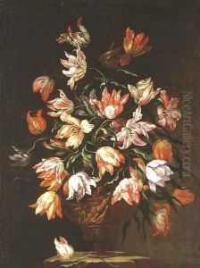 Tulips in a sculpted urn on a stone plinth