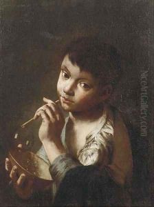 A young beggar boy blowing bubbles by Domenico Maggiotto