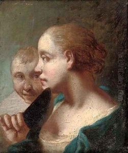 A young woman with a knife in her right hand, a young man behind by Domenico Maggiotto