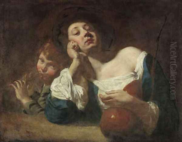 A shepherdess with a gourd and a peasant boy playing pipes - view 1