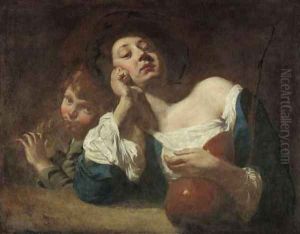 A shepherdess with a gourd and a peasant boy playing pipes by Domenico Maggiotto