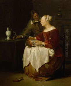 A lady sewing with a gentleman in an interior by Gabriel Metsu