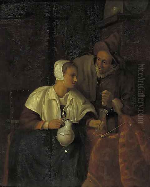 A woman seated by a table pouring wine for a man, in an interior - view 1