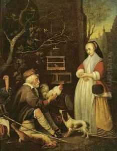 An old man selling game to an elegant lady by Gabriel Metsu