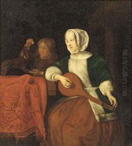 A lady playing a lute with a boy and his dog behind