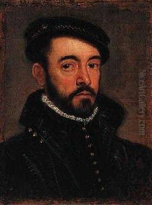 Portrait of a gentleman, bust-length, in a black cap and doublet by Giovanni Battista Moroni