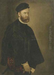 Portrait of a gentleman, three-quarter-length, in a black costume, white collar and cuffs and a black hat, a glove in his right hand by Giovanni Battista Moroni