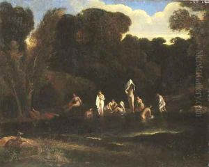 A wooded river landscape with Diana and her nymphs bathing by Jean-Francois Millet