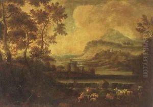 A river landscape, with a shepherd, two towns beyond