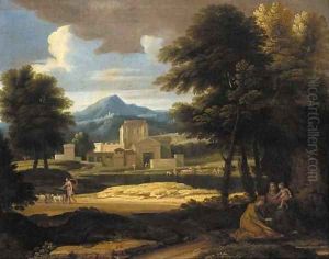 A wooded classical landscape with the rest on the flight into Egypt by Jean-Francois Millet