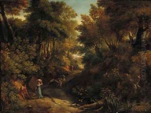 A wooded landscape with a shepherd and a washerwoman on a path by Jean-Francois Millet