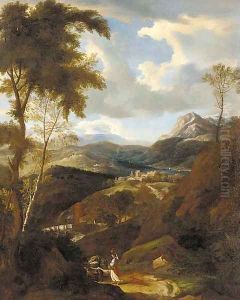 A classical landscape with a woman on a path carrying an amphora, a town beyond