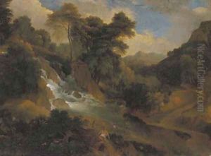 A wooded landscape with women by a waterfall by Jean-Francois Millet