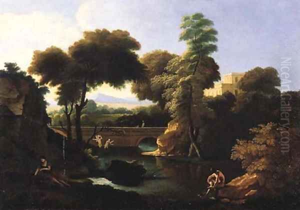 Bathers by a river, in an Italianate landscape - view 1