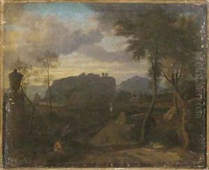 Travellers resting before an extensive landscape by Jean-Francois Millet
