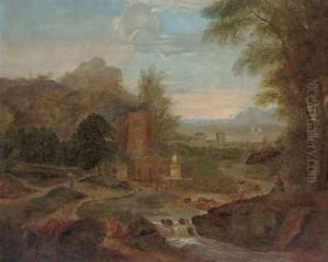 A classical landscape with figures by a river