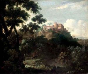 A wooded mountainous landscape with travellers on a track, a villa beyond