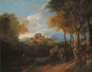 An extensive wooded landscape with figures on a path, a borgo beyond by Jean-Francois Millet
