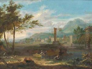 An Italianate landscape with classical ruins and figures in the foreground by Jean-Francois Millet
