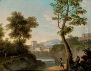 An Italianate wooded river landscape with a traveller on a track, a shepherdess and her flock beyond by Jean-Francois Millet