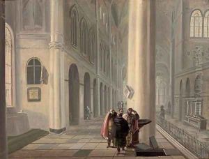 A gothic church interior with figures by an open tomb