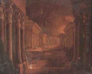 Figures among extensive Egyptian buildings by John Martin