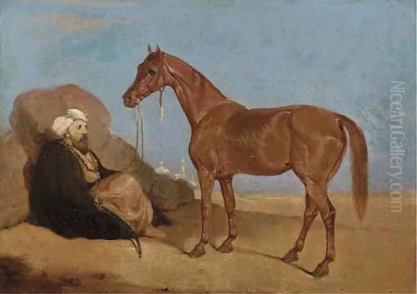 An Arab smoking a pipe, a horse to his side - view 1