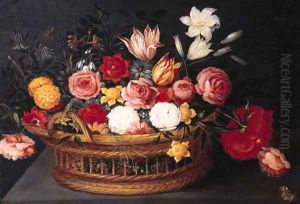 Tulips, roses, lilies, a peony, forget-me-nots, anemone and other flowers with a butterfly in a basket, on a stone ledge by Phillipe de Marlier