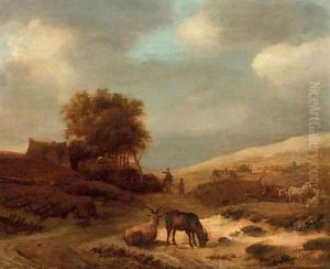 A dune landscape with goats and sheep, travellers on a track and cottages beyond by Pieter De Molijn