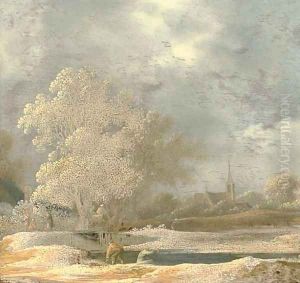 A river landscape with anglers on a river bank, a church beyond by Pieter De Molijn