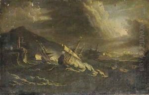 A coastal landcsape with ships in a storm by Pieter the Younger Mulier