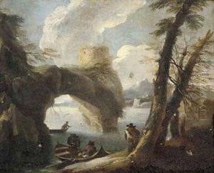 A coastal landscape with figures in boats by a rocky outcrop by Pieter the Younger Mulier