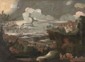 An extensive mountainous landscape, with a shepherd and his flock, a town beyond by Pieter the Younger Mulier