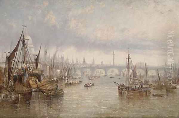 Hay barges on the Thames, St. Paul's Cathedral beyond - view 1