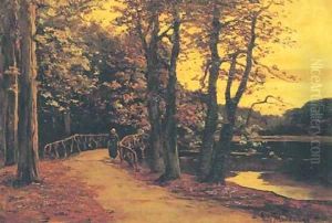 Avond aan de vijver a woman strolling by a lake at dusk by Frits Mondriaan