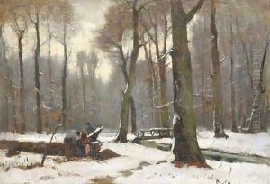 Winter in Haagsche Bosch woodcutters at work by Frits Mondriaan