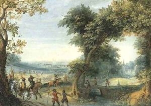 A wooded landscape with a cavalry skirmish, a city beyond by Mattheus Adolfsz Molanus