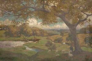 Cattle and sheep grazing in an autumnal landscape by Thomas Corson Morton