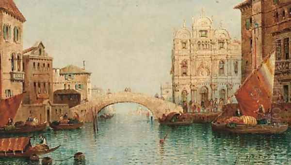 Vessels on a venetian canal by a bridge, a capriccio - view 1