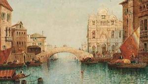 Vessels on a venetian canal by a bridge, a capriccio by William Meadows