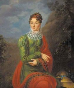 Portrait of a lad in a green dress and red shawl by Jean-Laurent Mosnier