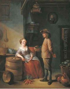 A kitchen interior with two servants conversing